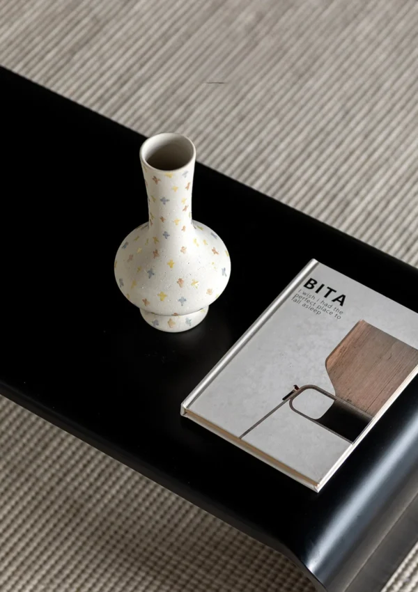 Artist-Made Hand-Painted Cross Pattern Long-Neck Vase in ivory — in a room setting