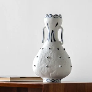 Artist-Made Hand-Painted Dot Pattern Twin-Ear Gourd Vase in ivory — front view