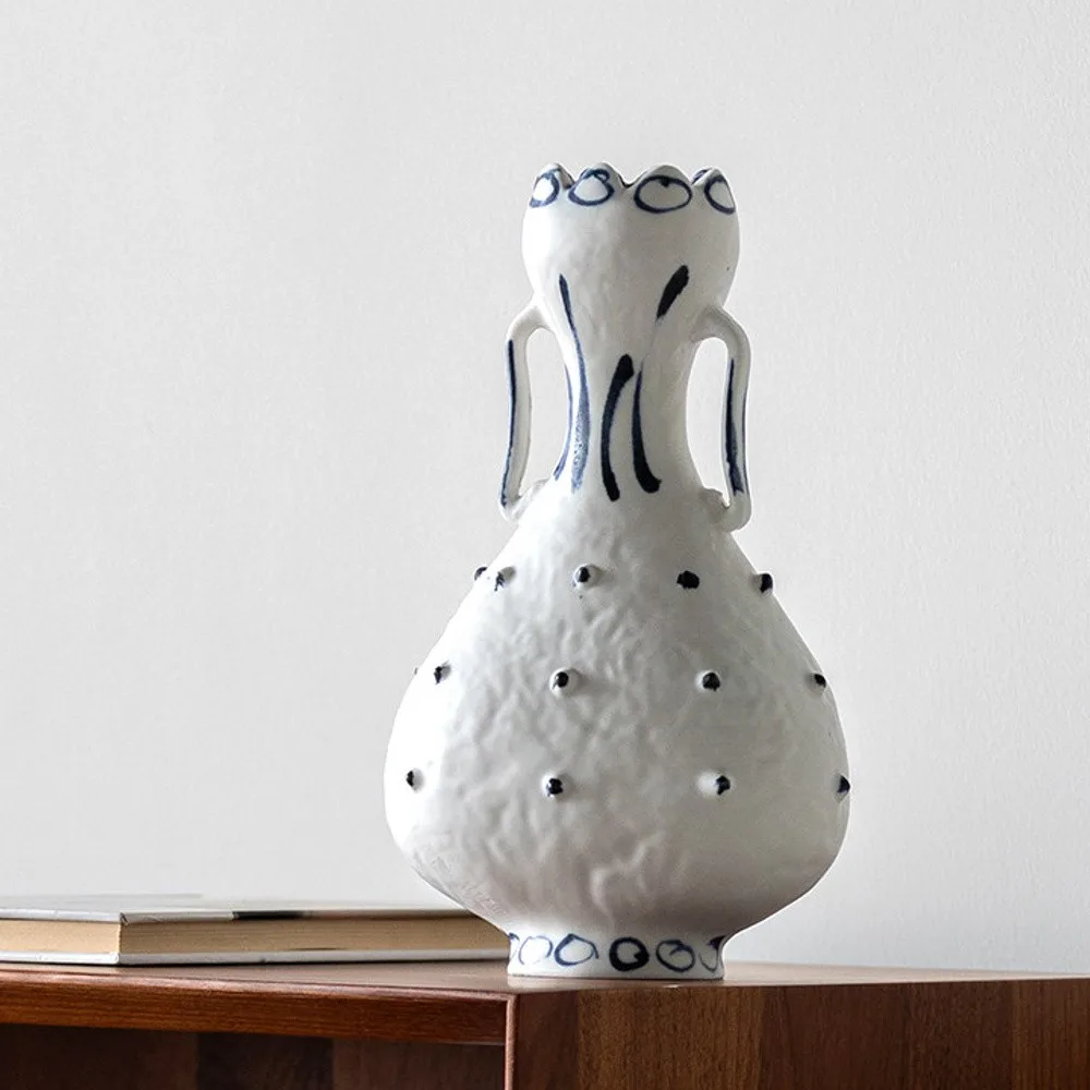 Artist-Made Hand-Painted Dot Pattern Twin-Ear Gourd Vase in ivory — front view
