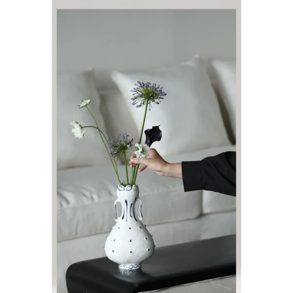 Artist-Made Hand-Painted Dot Pattern Twin-Ear Gourd Vase in ivory — in a room setting