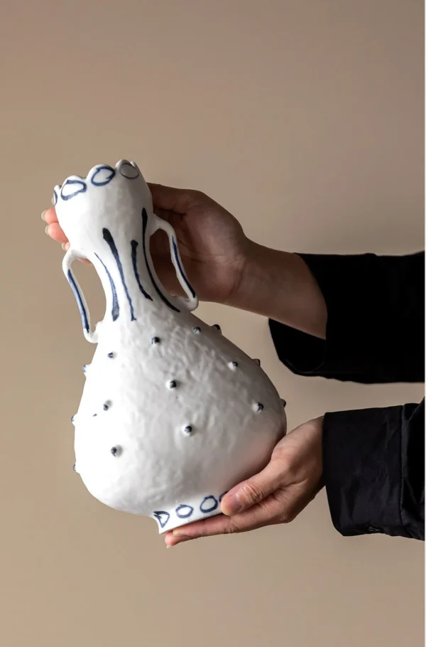 Artist-Made Hand-Painted Dot Pattern Twin-Ear Gourd Vase in ivory — in a room setting