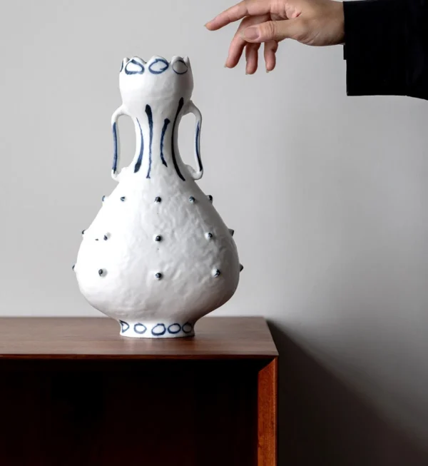 Artist-Made Hand-Painted Dot Pattern Twin-Ear Gourd Vase in ivory — in a room setting