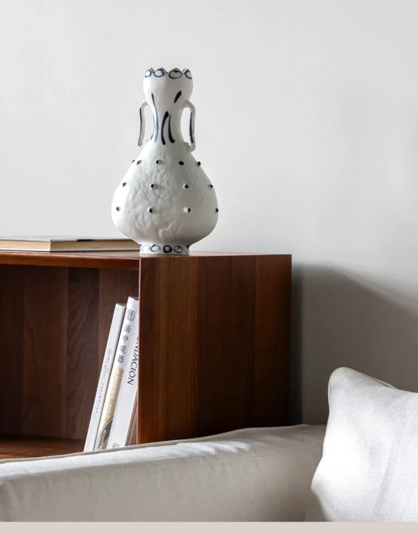 Artist-Made Hand-Painted Dot Pattern Twin-Ear Gourd Vase in ivory — in a room setting