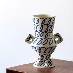 Artist-Made Hand-Painted Loop Pattern Twin-Ear Vase in ivory — front view