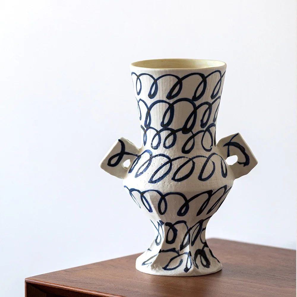 Artist-Made Hand-Painted Loop Pattern Twin-Ear Vase in ivory — front view