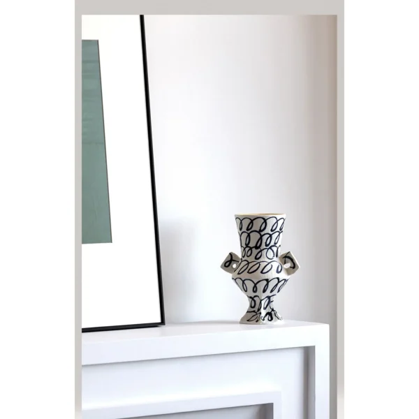 Artist-Made Hand-Painted Loop Pattern Twin-Ear Vase in ivory — in a room setting