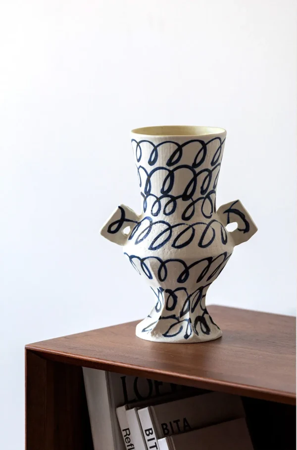 Artist-Made Hand-Painted Loop Pattern Twin-Ear Vase in ivory — in a room setting