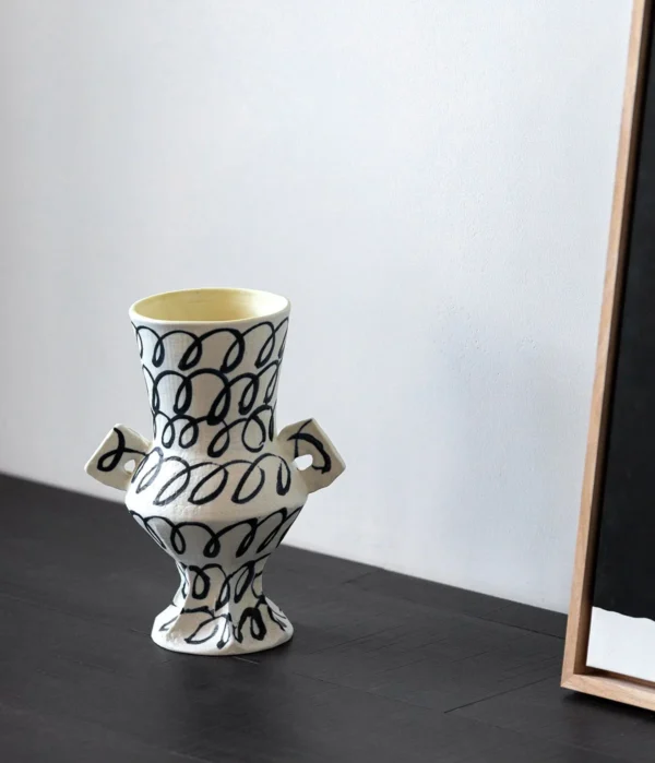 Artist-Made Hand-Painted Loop Pattern Twin-Ear Vase in ivory — in a room setting