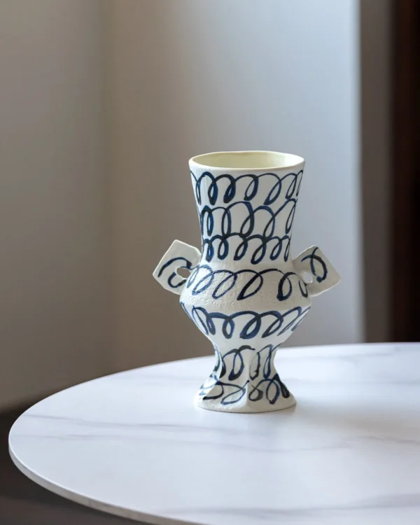 Artist-Made Hand-Painted Loop Pattern Twin-Ear Vase in ivory — in a room setting