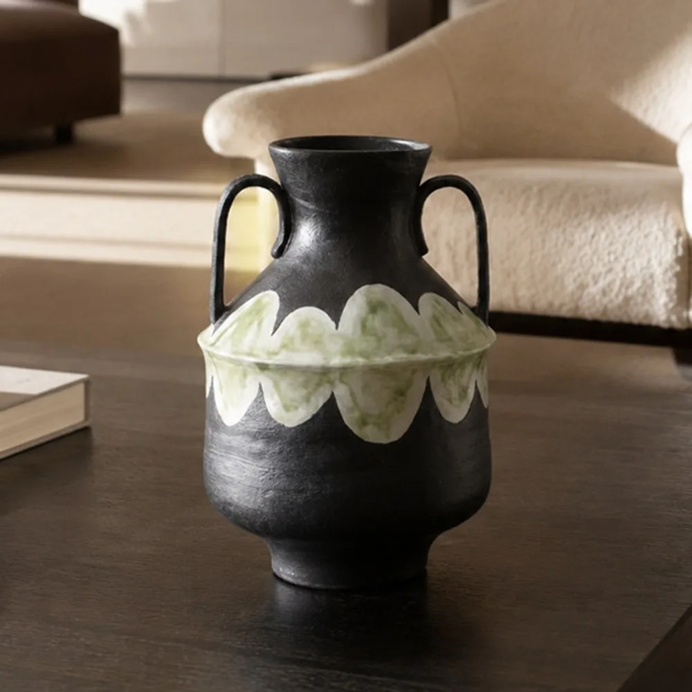 Artist-Made Twin-Handle Black Amphora in black — front view
