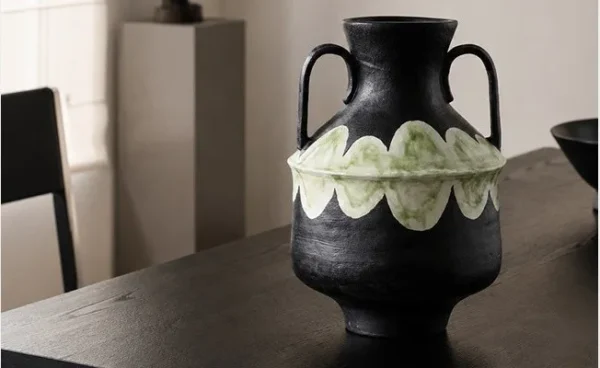 Artist-Made Twin-Handle Black Amphora in black — in a room setting