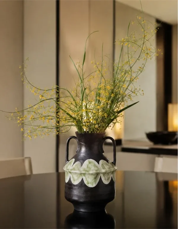Artist-Made Twin-Handle Black Amphora in black — in a room setting