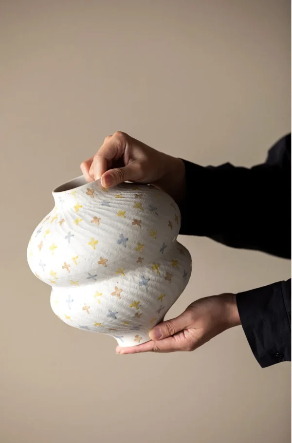 Artist-Made Hand-Painted Double Gourd Vase in ivory — in a room setting