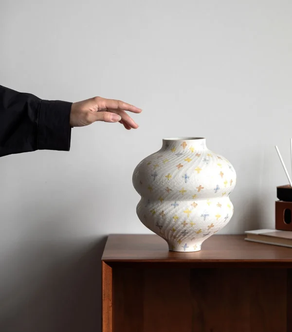 Artist-Made Hand-Painted Double Gourd Vase in ivory — in a room setting