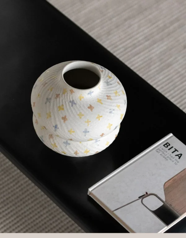 Artist-Made Hand-Painted Double Gourd Vase in ivory — in a room setting