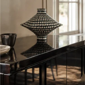Artist-Made Hand-Painted Grid Diamond Vase in black — front view