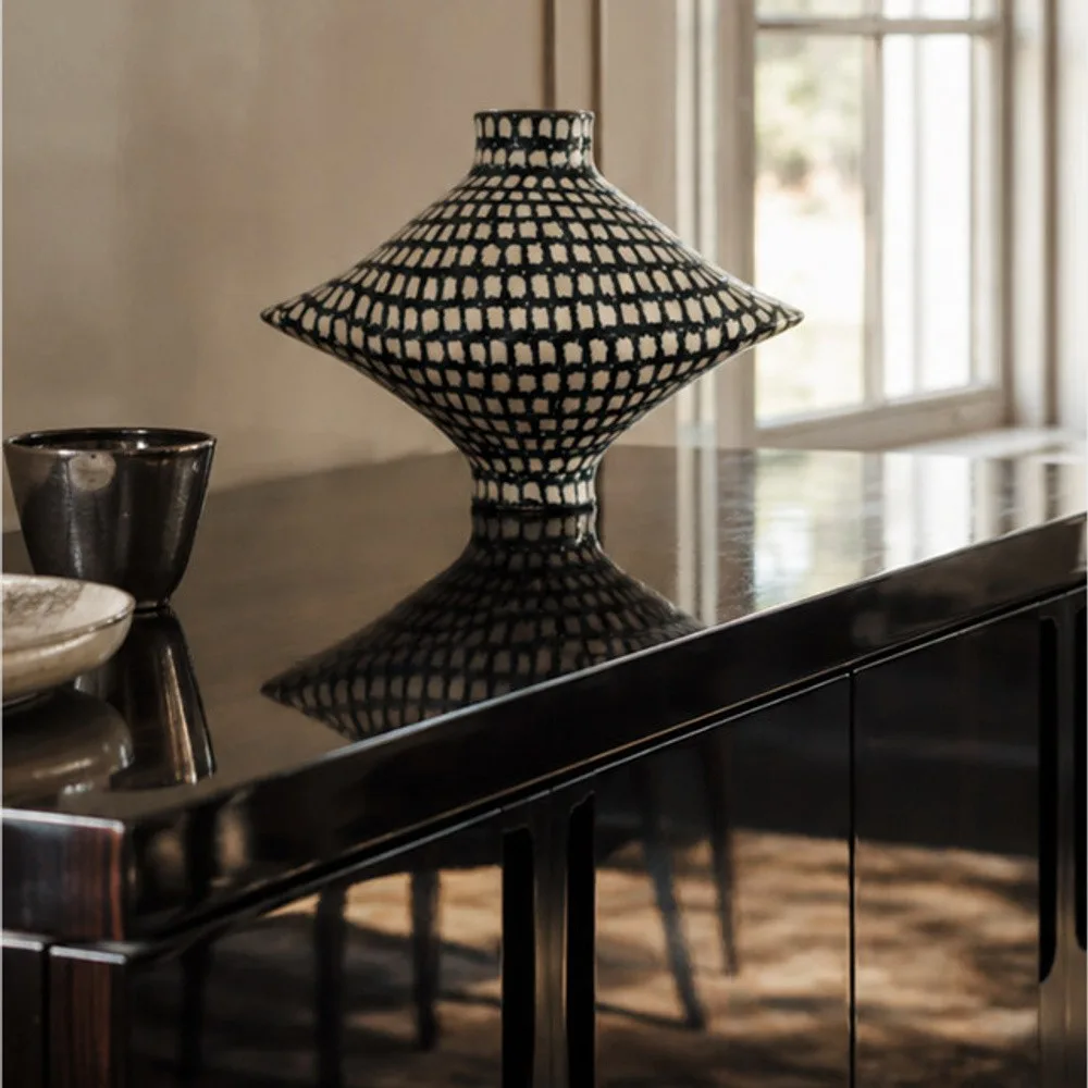 Artist-Made Hand-Painted Grid Diamond Vase in black — front view