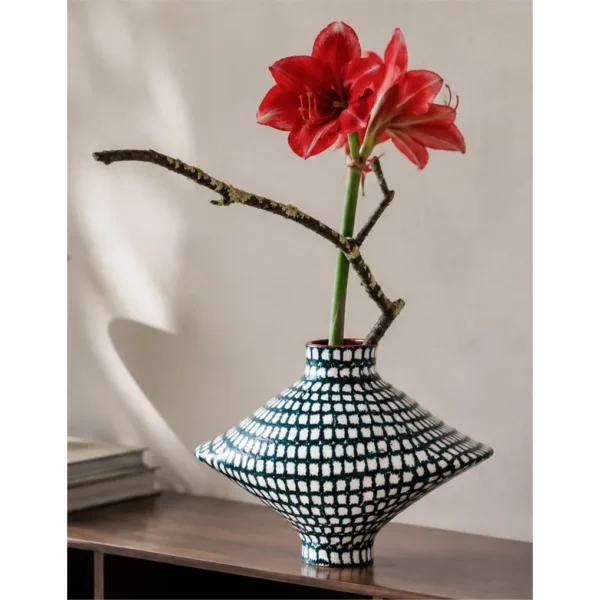 Artist-Made Hand-Painted Grid Diamond Vase in black — in a room setting