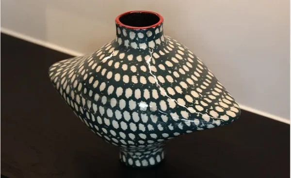 Artist-Made Hand-Painted Grid Diamond Vase in black — in a room setting