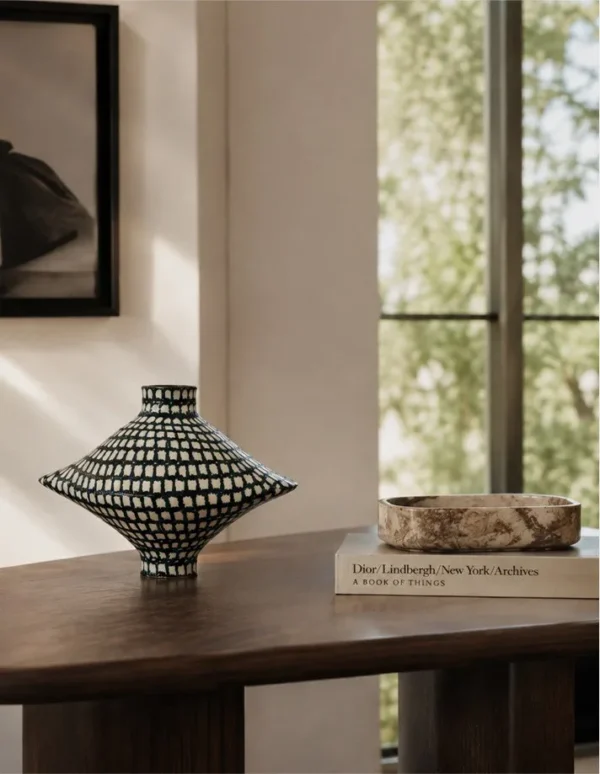 Artist-Made Hand-Painted Grid Diamond Vase in black — in a room setting