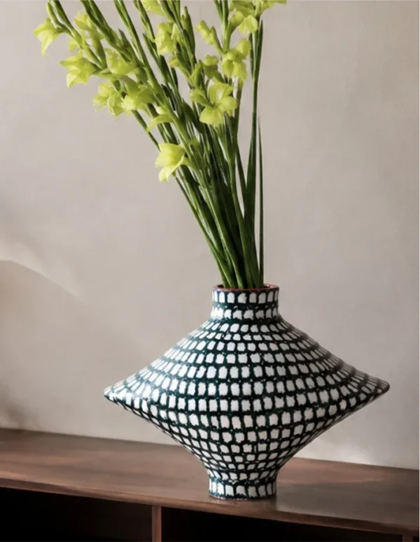 Artist-Made Hand-Painted Grid Diamond Vase in black — in a room setting