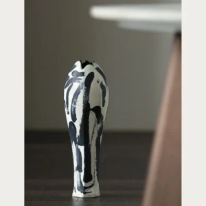 Artist-Made Ink-Stroke Hand-Painted Long-Neck Vase in ivory — front view