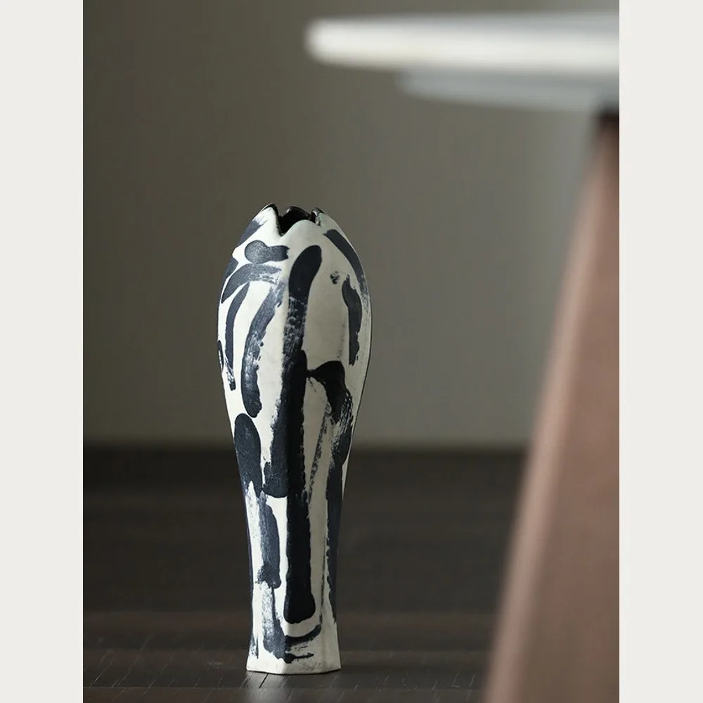 Artist-Made Ink-Stroke Hand-Painted Long-Neck Vase in ivory — front view