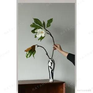 Artist-Made Ink-Stroke Hand-Painted Long-Neck Vase in ivory — in a room setting