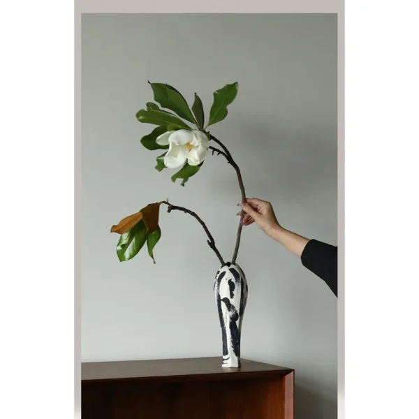 Artist-Made Ink-Stroke Hand-Painted Long-Neck Vase in ivory — in a room setting