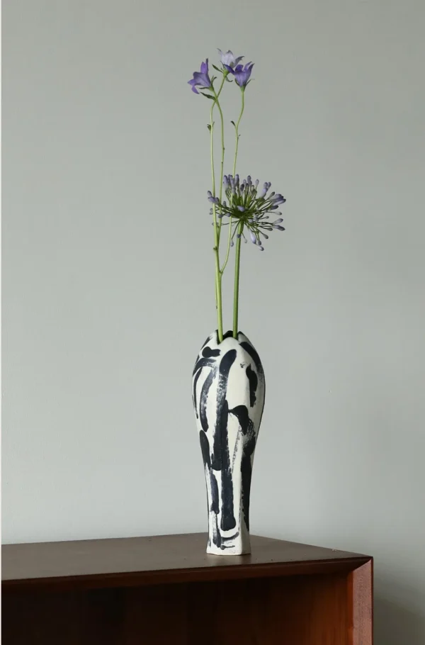 Artist-Made Ink-Stroke Hand-Painted Long-Neck Vase in ivory — in a room setting