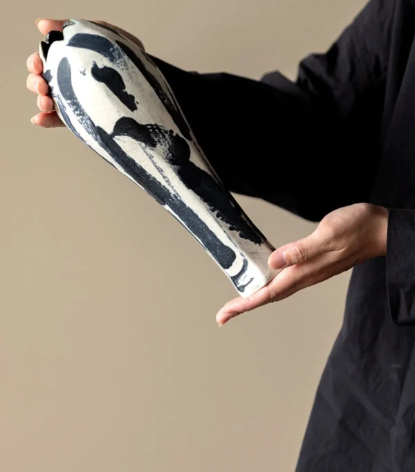 Artist-Made Ink-Stroke Hand-Painted Long-Neck Vase in ivory — in a room setting