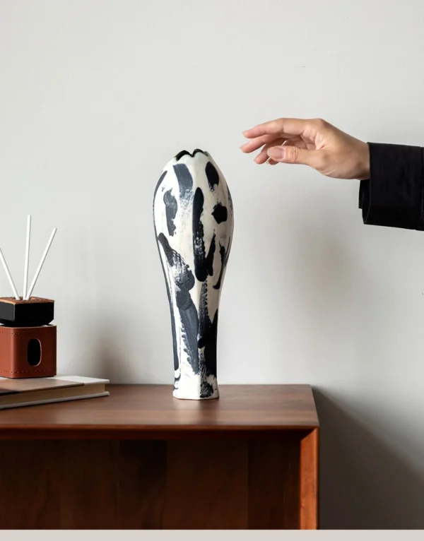 Artist-Made Ink-Stroke Hand-Painted Long-Neck Vase in ivory — in a room setting