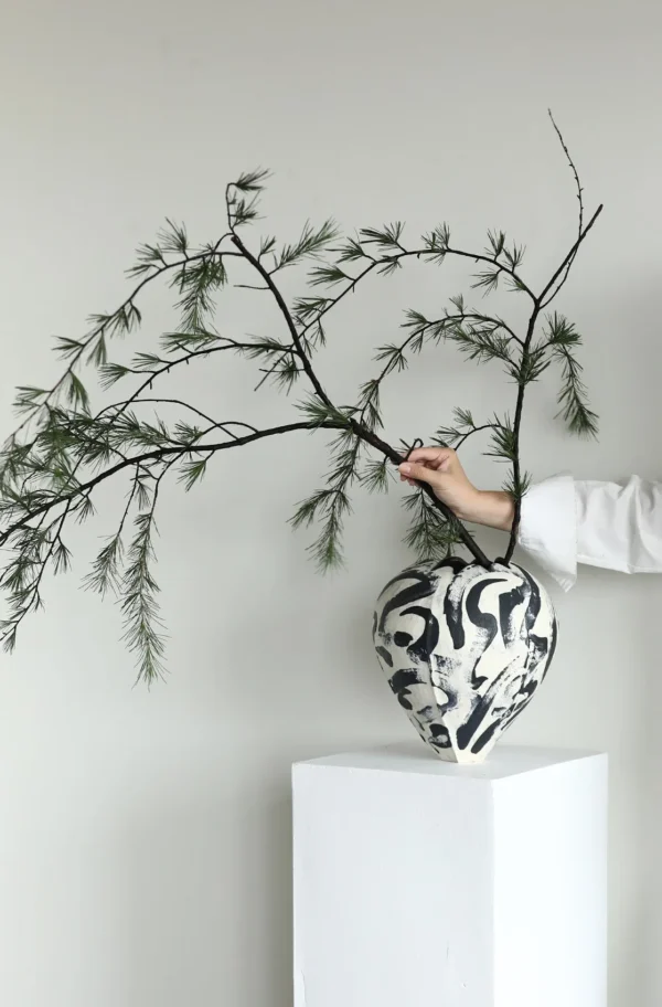 Artist-Made Hand-Painted Ink Wash Bud Vase in ivory — in a room setting