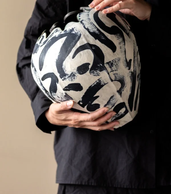 Artist-Made Hand-Painted Ink Wash Bud Vase in ivory — in a room setting