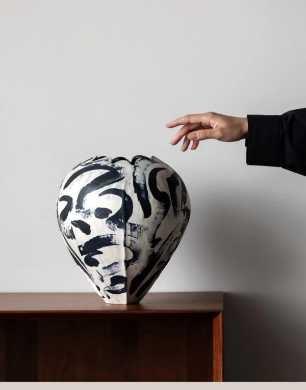 Artist-Made Hand-Painted Ink Wash Bud Vase in ivory — in a room setting