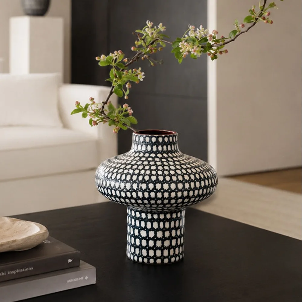 Artist-Made Hand-Painted Grid Mushroom Vase for Hotels in black — front view