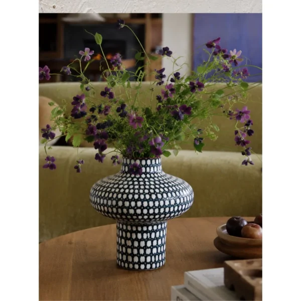 Artist-Made Hand-Painted Grid Mushroom Vase for Hotels in black — in a room setting