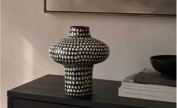 Artist-Made Hand-Painted Grid Mushroom Vase for Hotels in black — in a room setting