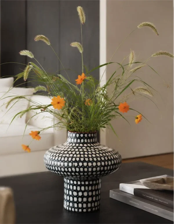 Artist-Made Hand-Painted Grid Mushroom Vase for Hotels in black — in a room setting