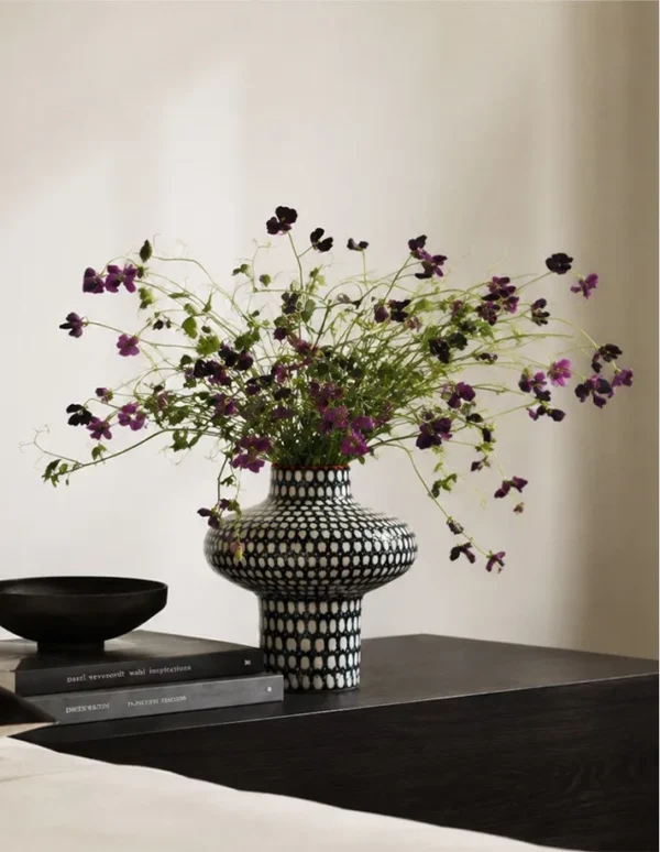 Artist-Made Hand-Painted Grid Mushroom Vase for Hotels in black — in a room setting