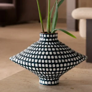 Artist-Made Hand-Painted Grid Diamond Vase for TV Consoles in black — front view