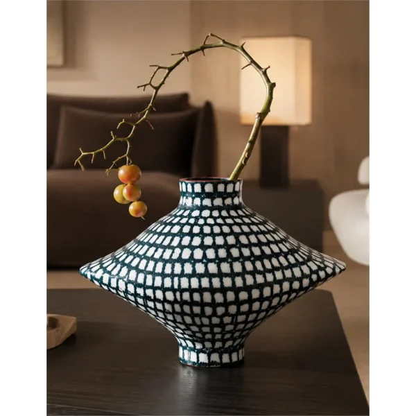 Artist-Made Hand-Painted Grid Diamond Vase for TV Consoles in black — in a room setting