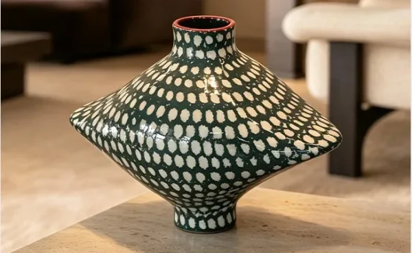 Artist-Made Hand-Painted Grid Diamond Vase for TV Consoles in black — in a room setting
