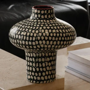 Artist-Made Hand-Painted Grid Mushroom Vase for TV Consoles in black — front view