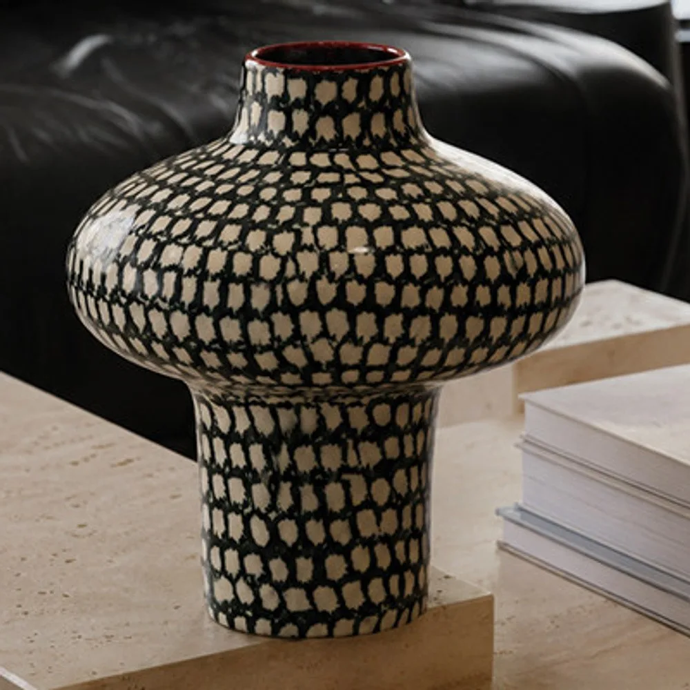 Artist-Made Hand-Painted Grid Mushroom Vase for TV Consoles in black — front view