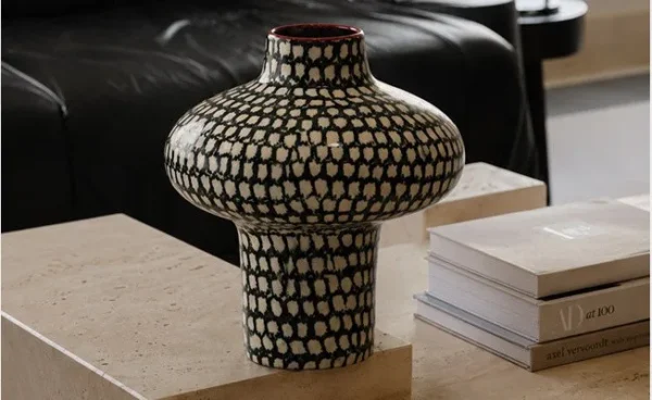 Artist-Made Hand-Painted Grid Mushroom Vase for TV Consoles in black — in a room setting