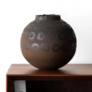 Artist-Made Hand-Painted Terracotta Ring Pattern Round Jar in rust — front view