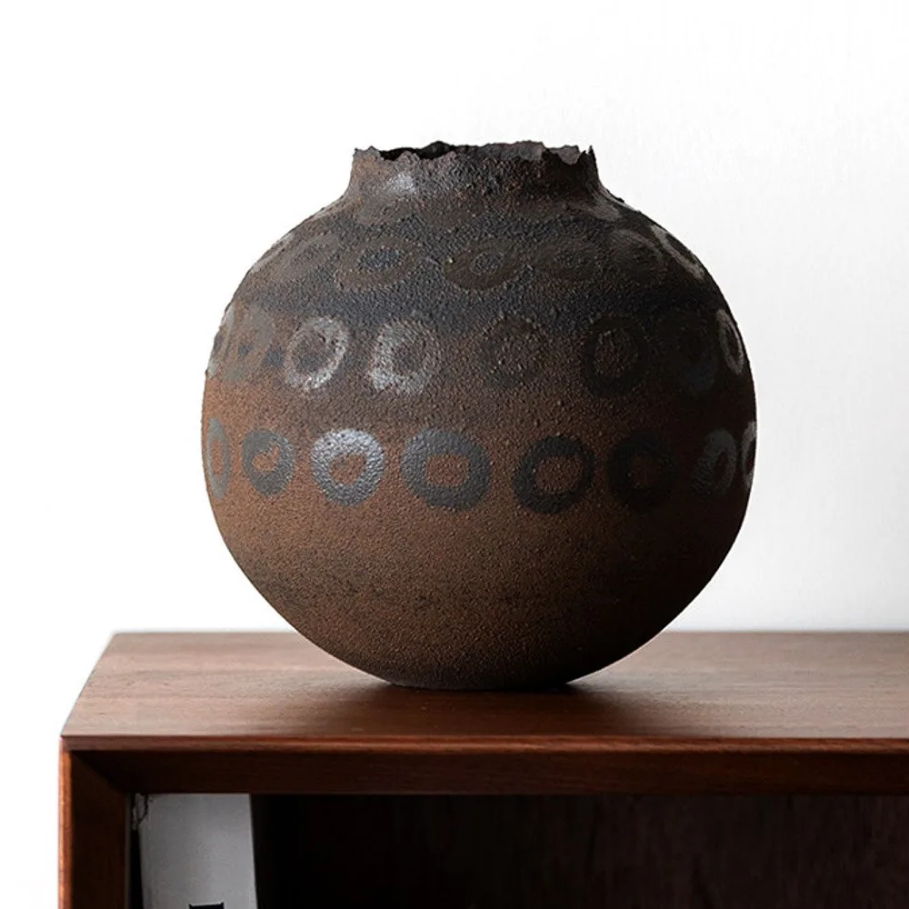 Artist-Made Hand-Painted Terracotta Ring Pattern Round Jar in rust — front view