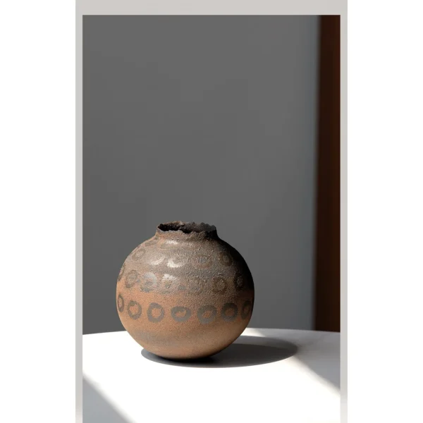 Artist-Made Hand-Painted Terracotta Ring Pattern Round Jar in rust — in a room setting
