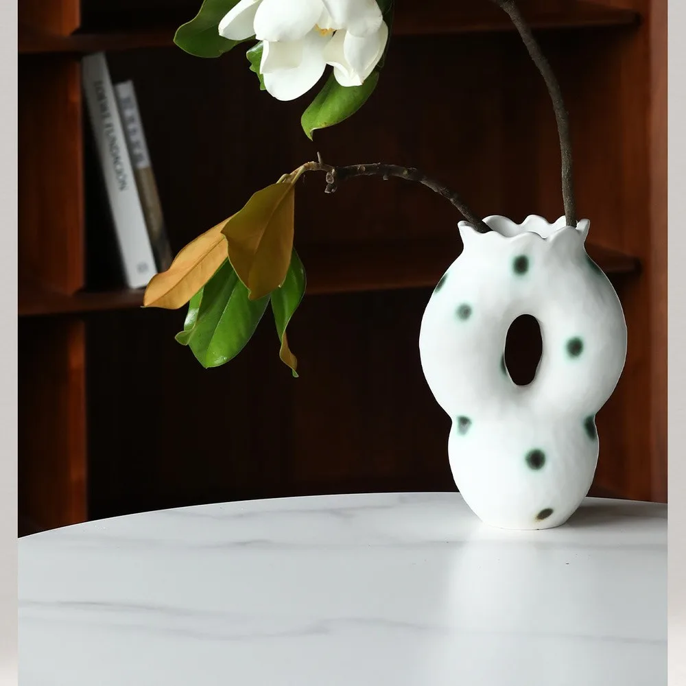 Artist-Made Hand-Pinched Pierced Vase with Green Moss Dots in ivory — front view